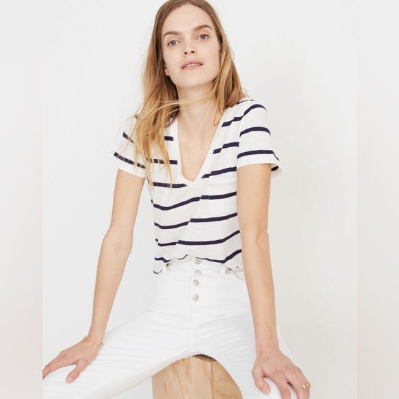 Madewell Tops - Madewell Whisper Cotton V-Neck Pocket Tee in Creston Stripe Size Small